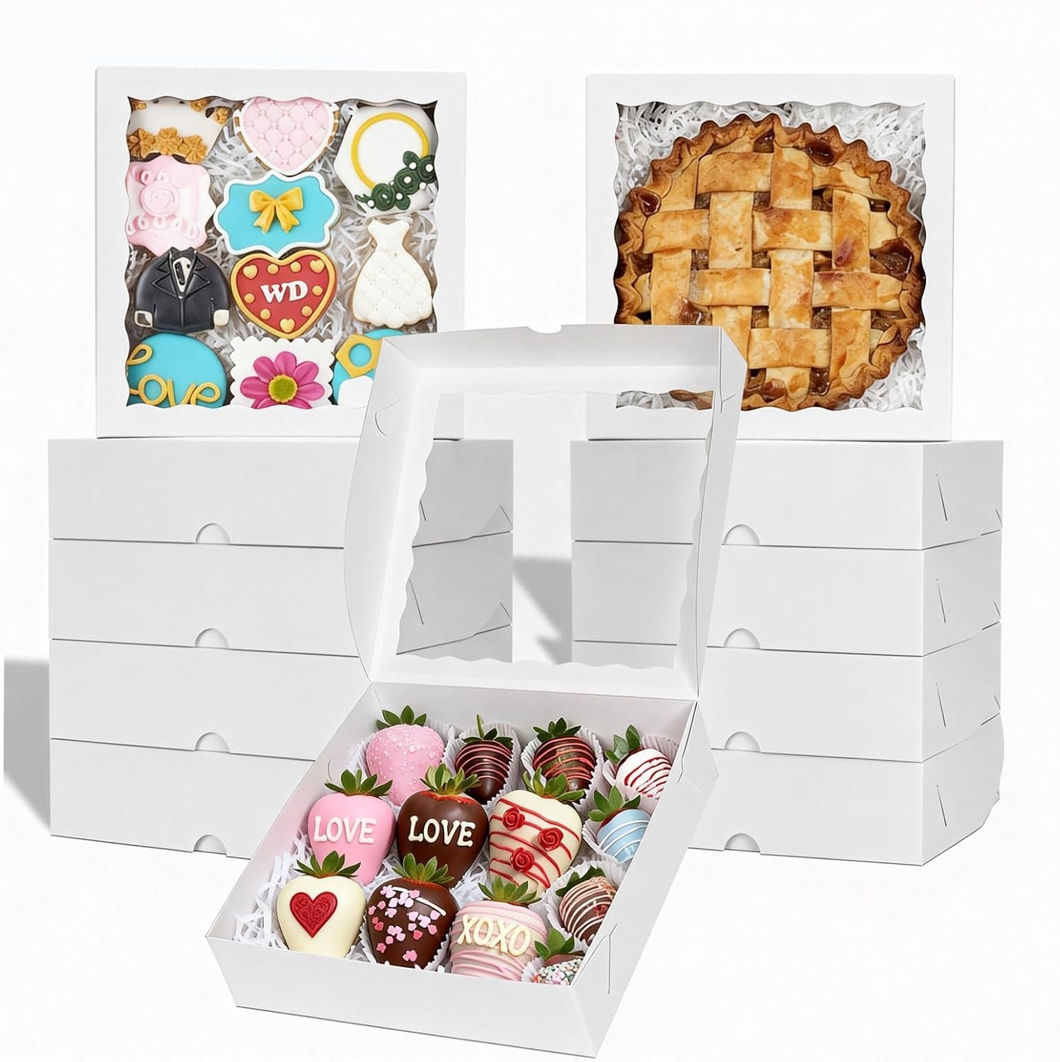 Großhandel 50 Stück weiße Bäckerei-Boxen 9x9x2,5 Zoll - für Cookies, Pie, Schokoladenüberzogene Erdbeeren, zerbrechliche Herzen, Charcuterie-Boxen mit individuellem Logo für Valentinstag & Weihnachten, vom Hersteller in Großmenge.