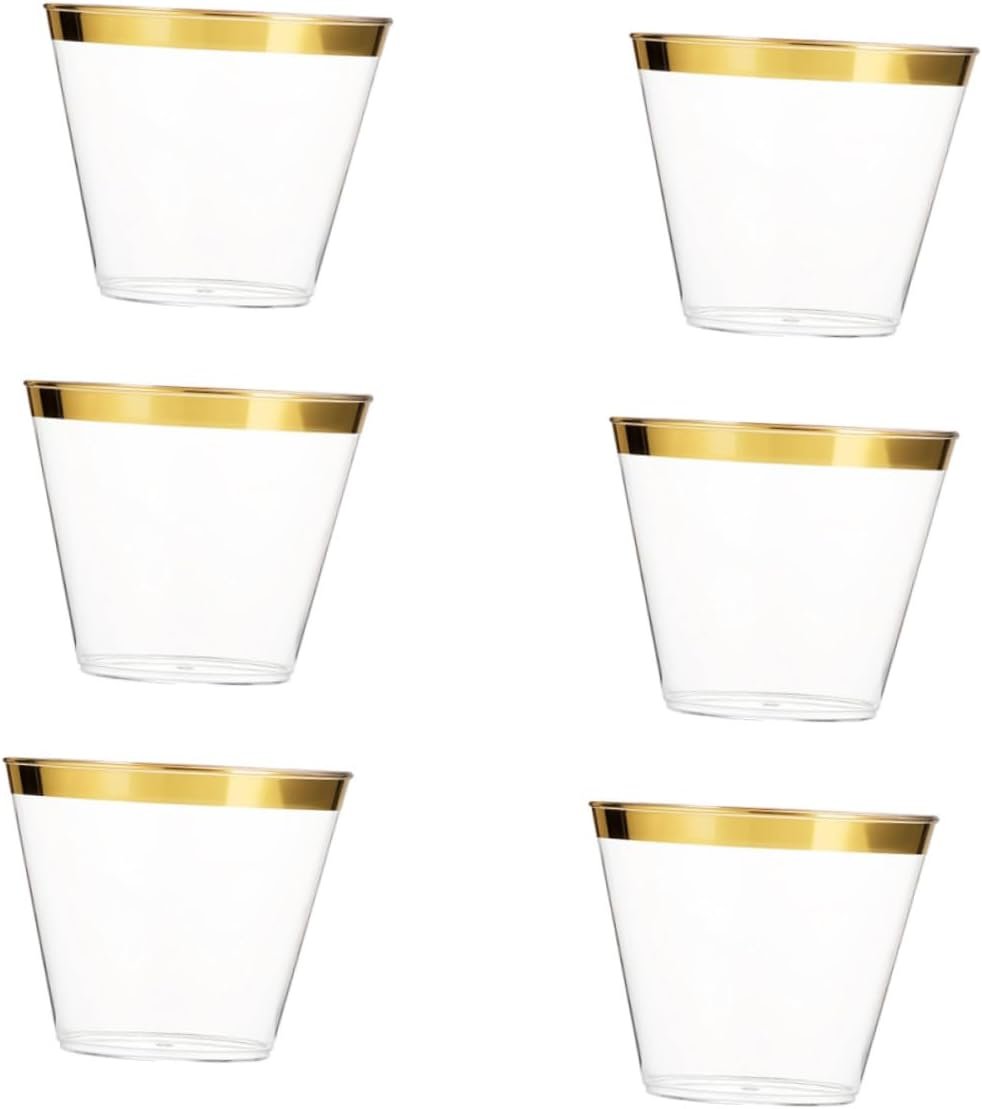 Großhandel 6 Stück goldrandige Plastik-Drinkbecher, ideal für Cocktail, Wein, Säfte und Getränke, Hersteller für Hochzeiten, Geburtstagsfeiern und Brautpartys mit individueller Logo-Option.