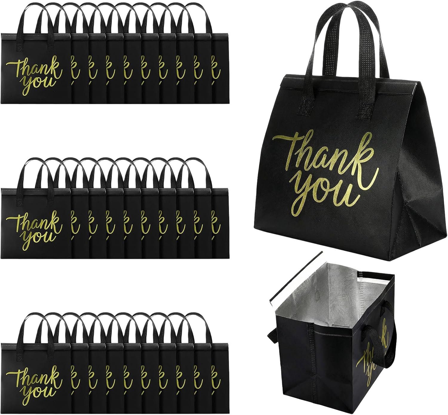 Großhandel 80er-Pack isolierte Einkaufstaschen, Catering-Lieferbeutel, Einweg-Kühltaschen für Reisen und Picknicks (schwarz mit goldfarbener Dankeschön), vom Hersteller individuell mit Logo bearbeitbar.