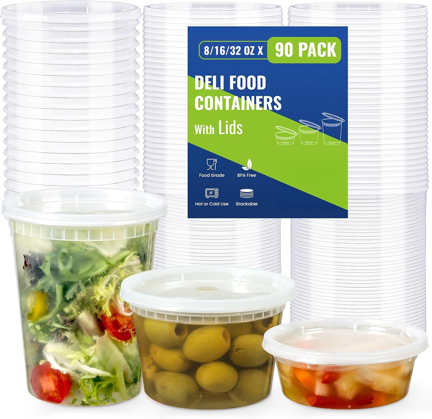 Großhandel 90 Sets Kunststoff-Deli-Behälter mit Deckeln, luftdicht, für die Aufbewahrung von Lebensmitteln, mit unterschiedlichen Größen (8 oz, 16 oz, 32 oz), Hersteller von Mikrowellen- und Geschirrspüler-sicheren Suppenbehältern, Eigenmarke für Takeout und Tiefkühlung.