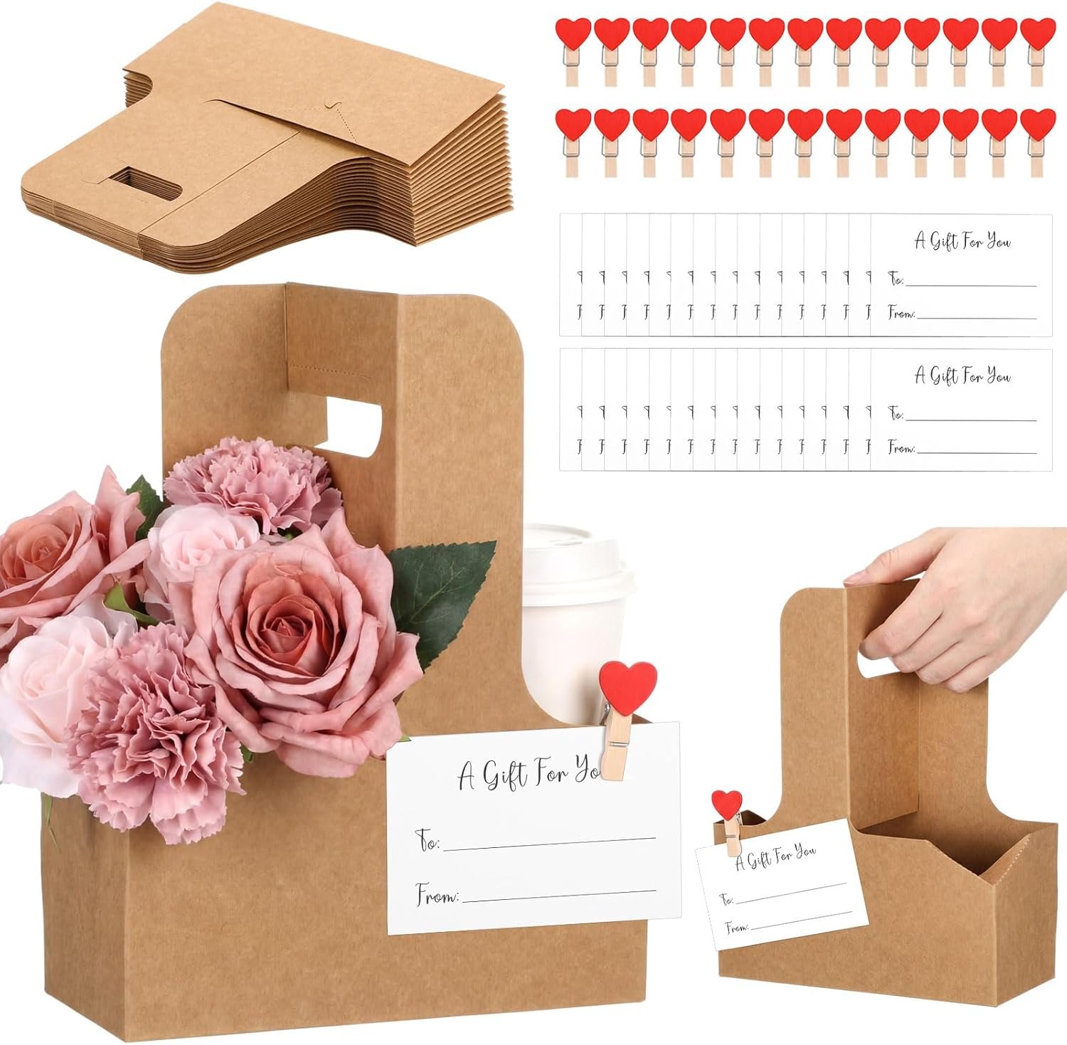Großhandel 90-teiliges Kraftpapier-Getränke-Tragetaschen-Set, 2-Tassen-Getränketräger mit Griff, Herzförmige Clips und Mini-Geschenkkarten, faltbares Getränketablett für Valentinstag, Muttertag, Hochzeiten und Partys (Braun), individueller Logo-Service, Hersteller für qualitativ hochwertige Produkte.