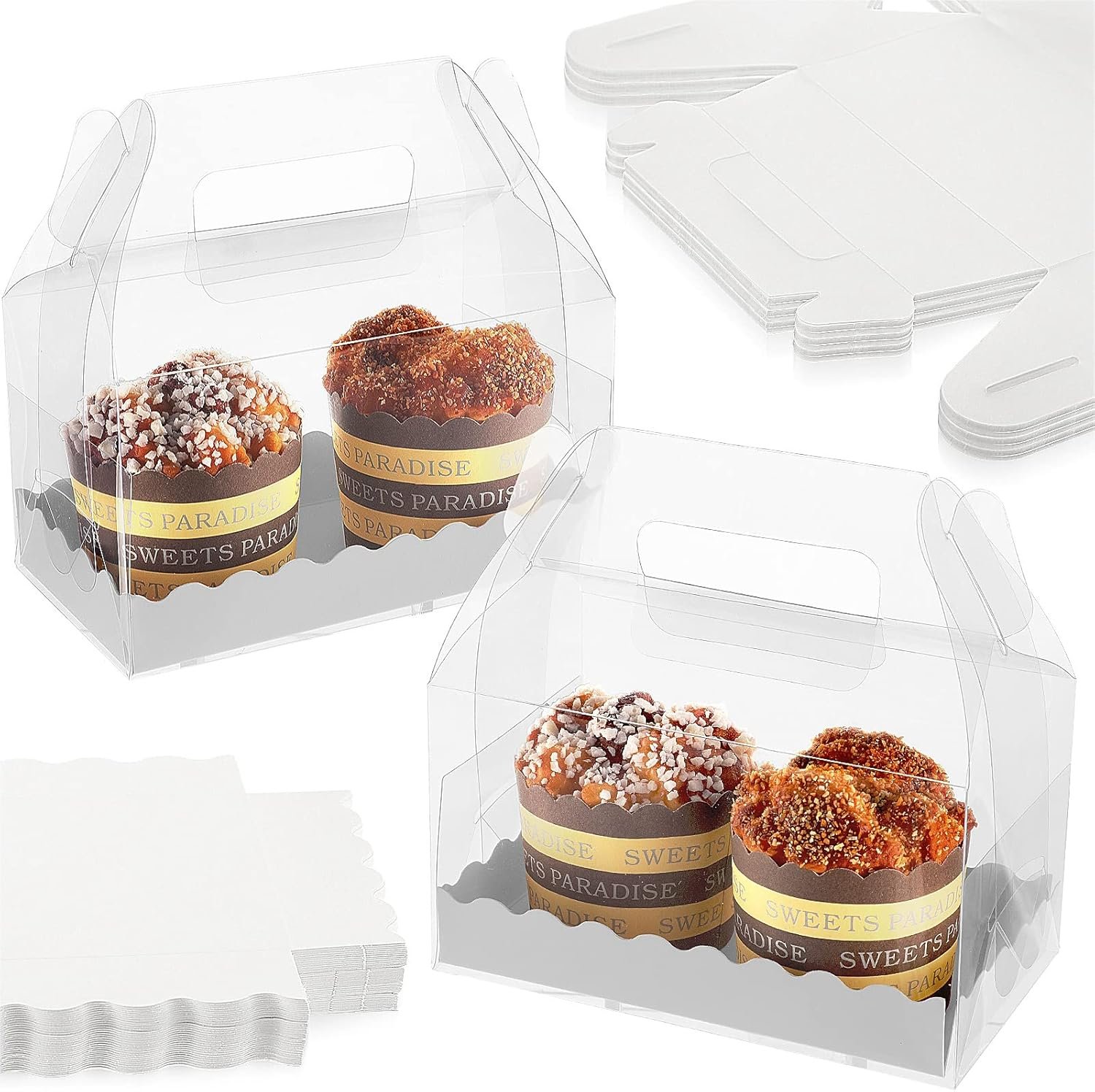 Großhandel Klarglas Gable Boxen mit Karton und Griffen für Kekse, Gebäck, Cupcakes und Desserts, 6,3 x 3,6 x 3,6 Zoll, individuelles Logo, Hersteller für Hochzeit und Party.