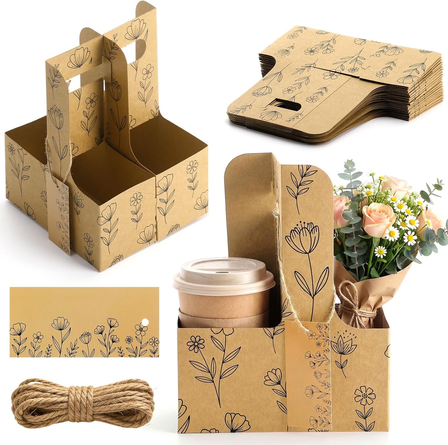 Großhandel Tragetasche für 2 Becher mit Griff, Kraftpapier-Trinkträger für heiße und kalte Getränke, OEM individuelle Logo-Optionen, ideale Lösung für Takeout-Essen, Lieferungen und Partys mit Dankeskarten und Schnur, Bestellungen in Großmenge möglich