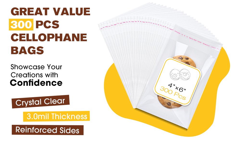 Großhandel 300 Pcs Klarsicht Cookie Bags 4x6 Zoll mit Siegel, Resealbare Cellophanbeutel für individuelle Verpackungen, Hersteller von Selbstklebenden Tüten für Cookies, Süßigkeiten, Geschenke. OEM 3 Mils Einzeln verpackte Tüten.