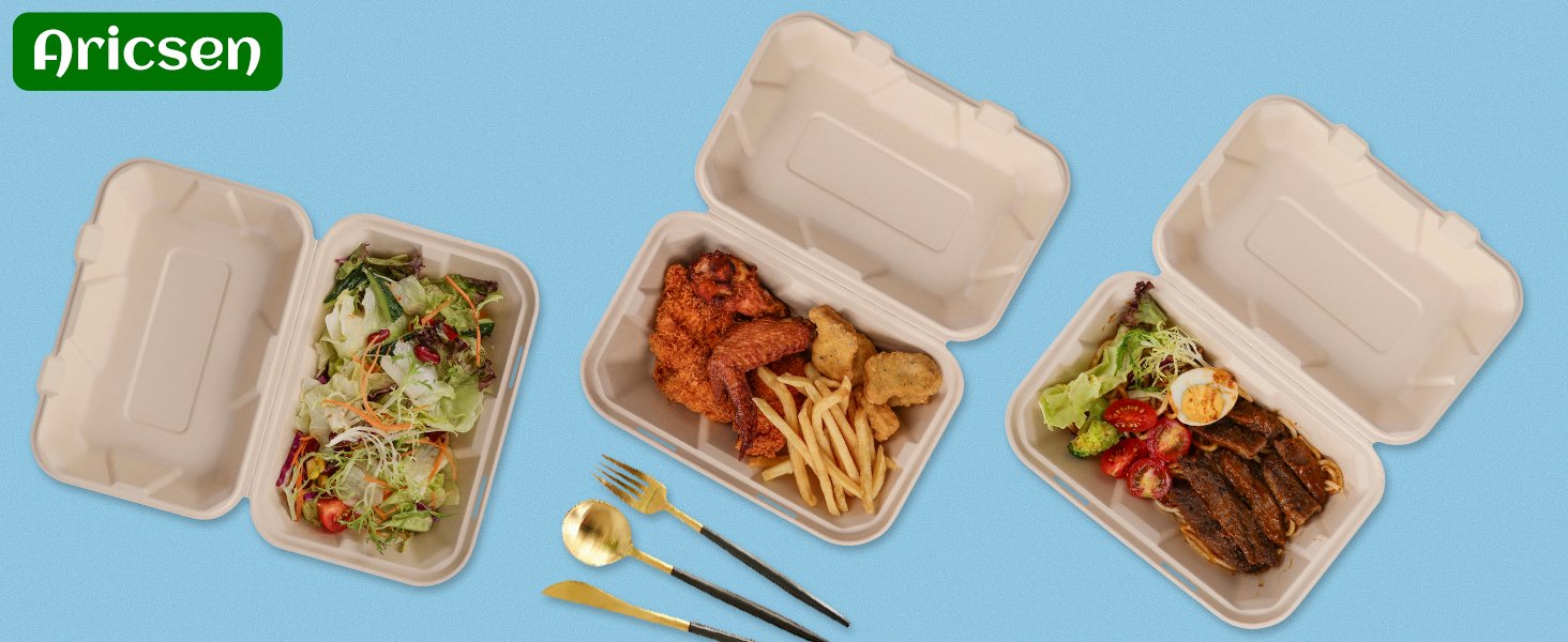 Großhandel 100 Stück kompostierbare 9x6 Zoll Takeout-Lunchboxen mit Deckel, Klappcontainer für Speisen, PFAS-frei, biologisch abbaubar aus Bagasse, individuell bedruckbar, vom Hersteller.