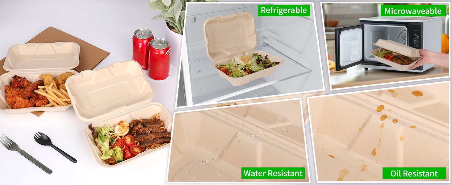 Großhandel 100 Stück kompostierbare 9x6 Zoll Takeout-Lunchboxen mit Deckel, Klappcontainer für Speisen, PFAS-frei, biologisch abbaubar aus Bagasse, individuell bedruckbar, vom Hersteller.
