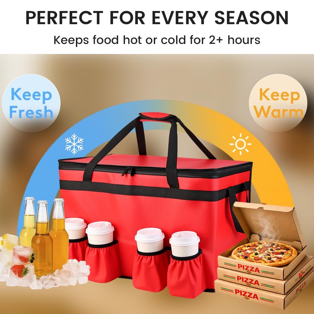 Großhandel XXXL rote isolierte Lebensmittelliefertasche mit 4 Becherhaltern und Getränketräger warm/kalt haltend OEM Hersteller Großhandel XXXL rote isolierte Lebensmittelliefertasche mit 4 Becherhaltern und Getränketräger warm/kalt haltend OEM Hersteller