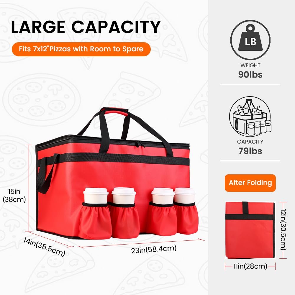 Großhandel XXXL rote isolierte Lebensmittelliefertasche mit 4 Becherhaltern und Getränketräger warm/kalt haltend OEM Hersteller Großhandel XXXL rote isolierte Lebensmittelliefertasche mit 4 Becherhaltern und Getränketräger warm/kalt haltend OEM Hersteller