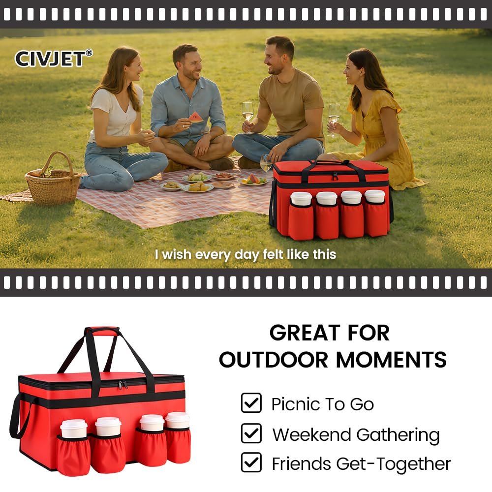 Großhandel XXXL rote isolierte Lebensmittelliefertasche mit 4 Becherhaltern und Getränketräger warm/kalt haltend OEM Hersteller Großhandel XXXL rote isolierte Lebensmittelliefertasche mit 4 Becherhaltern und Getränketräger warm/kalt haltend OEM Hersteller