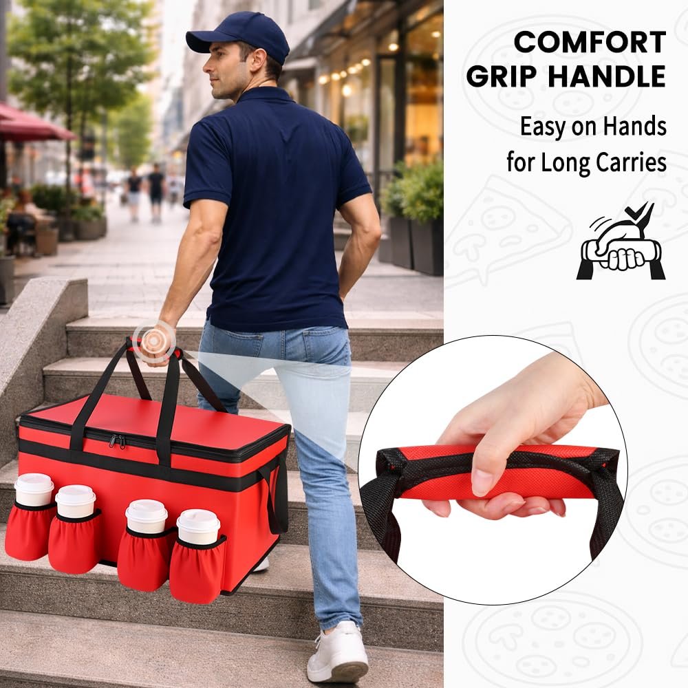 Großhandel XXXL rote isolierte Lebensmittelliefertasche mit 4 Becherhaltern und Getränketräger warm/kalt haltend OEM Hersteller Großhandel XXXL rote isolierte Lebensmittelliefertasche mit 4 Becherhaltern und Getränketräger warm/kalt haltend OEM Hersteller