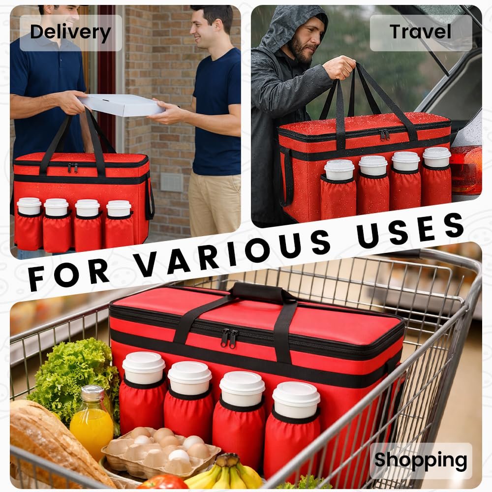 Großhandel XXXL rote isolierte Lebensmittelliefertasche mit 4 Becherhaltern und Getränketräger warm/kalt haltend OEM Hersteller Großhandel XXXL rote isolierte Lebensmittelliefertasche mit 4 Becherhaltern und Getränketräger warm/kalt haltend OEM Hersteller