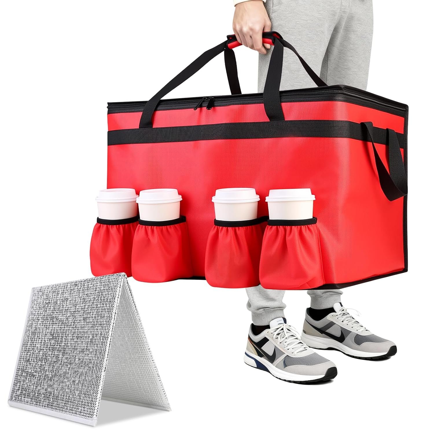 Großhandel XXXL Isolierte Lebensmittelliefertasche mit 4 Becherhaltern und Bodenstütze individuelles Logo Cateringtasche für Events hält heiß/kalt rot vom Hersteller