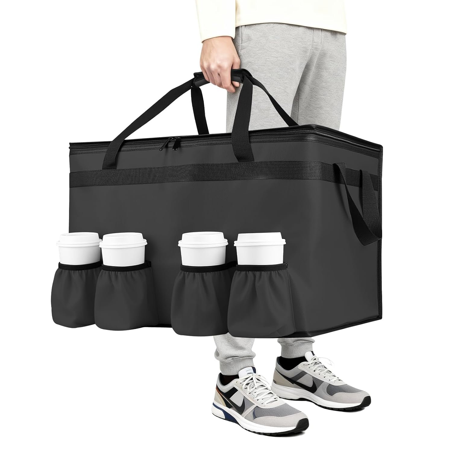 Großhandel XXXL-Isoliertasche für Lebensmittellieferung mit 4 Becherhaltern OEM hält warm/kalt Catering-Kühltasche mit Getränkehalter für Transport und Einkäufe Hersteller Schwarz