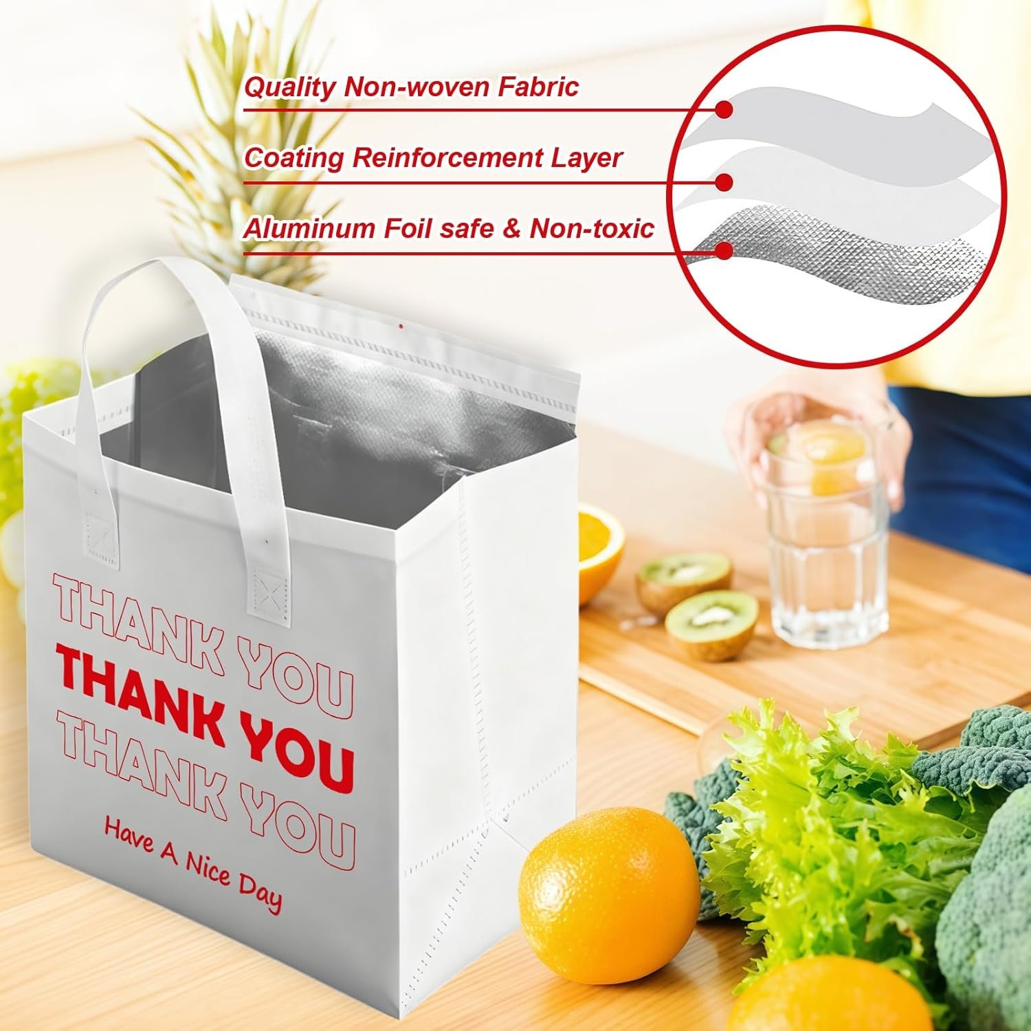 Großhandel 25 Stück Thank You thermisch isolierte Take-Away-Taschen für heiße kalte Speisen Liefer-Kühltaschen Pizza Kaffee Catering Restaurant OEM Hersteller 9,5x9,5x6 Weiß