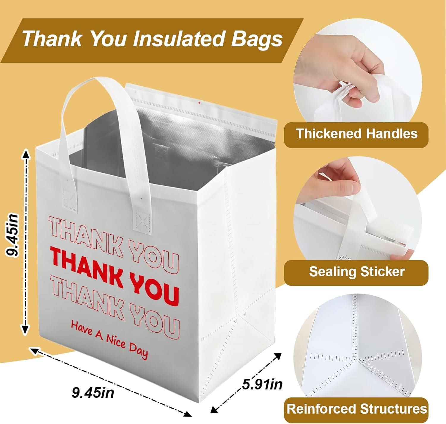 Großhandel 25 Stück Thank You thermisch isolierte Take-Away-Taschen für heiße kalte Speisen Liefer-Kühltaschen Pizza Kaffee Catering Restaurant OEM Hersteller 9,5x9,5x6 Weiß