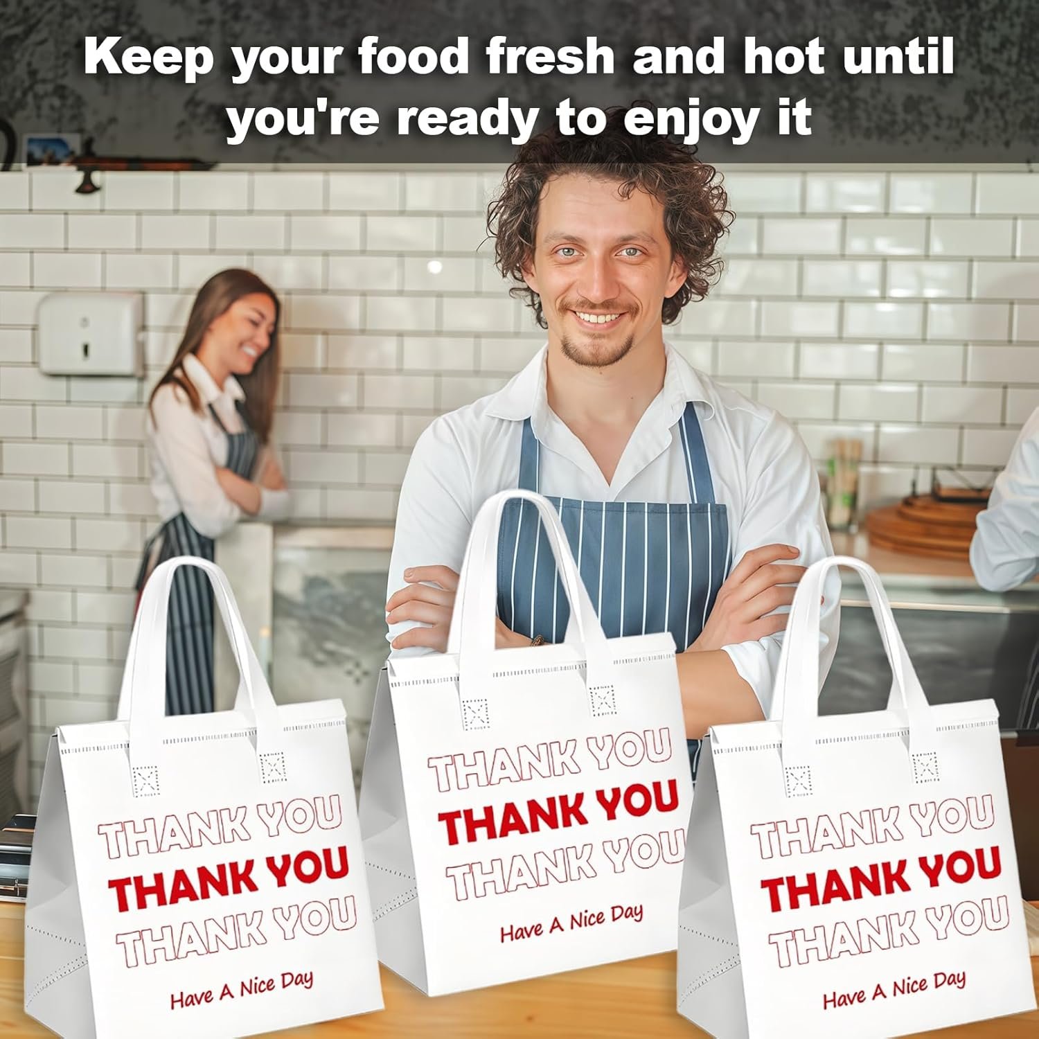 Großhandel 25 Stück Thank You thermisch isolierte Take-Away-Taschen für heiße kalte Speisen Liefer-Kühltaschen Pizza Kaffee Catering Restaurant OEM Hersteller 9,5x9,5x6 Weiß