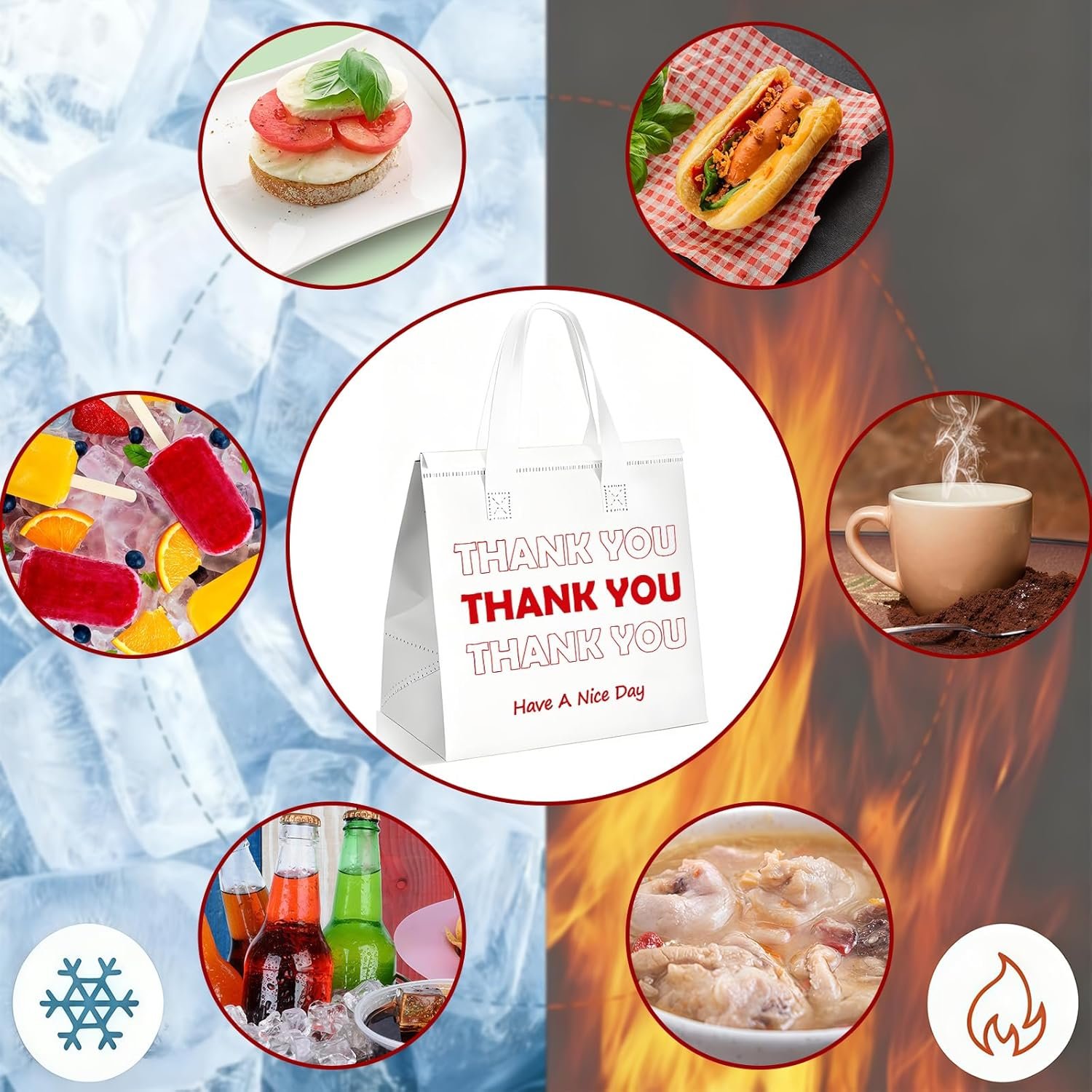 Großhandel 25 Stück Thank You thermisch isolierte Take-Away-Taschen für heiße kalte Speisen Liefer-Kühltaschen Pizza Kaffee Catering Restaurant OEM Hersteller 9,5x9,5x6 Weiß