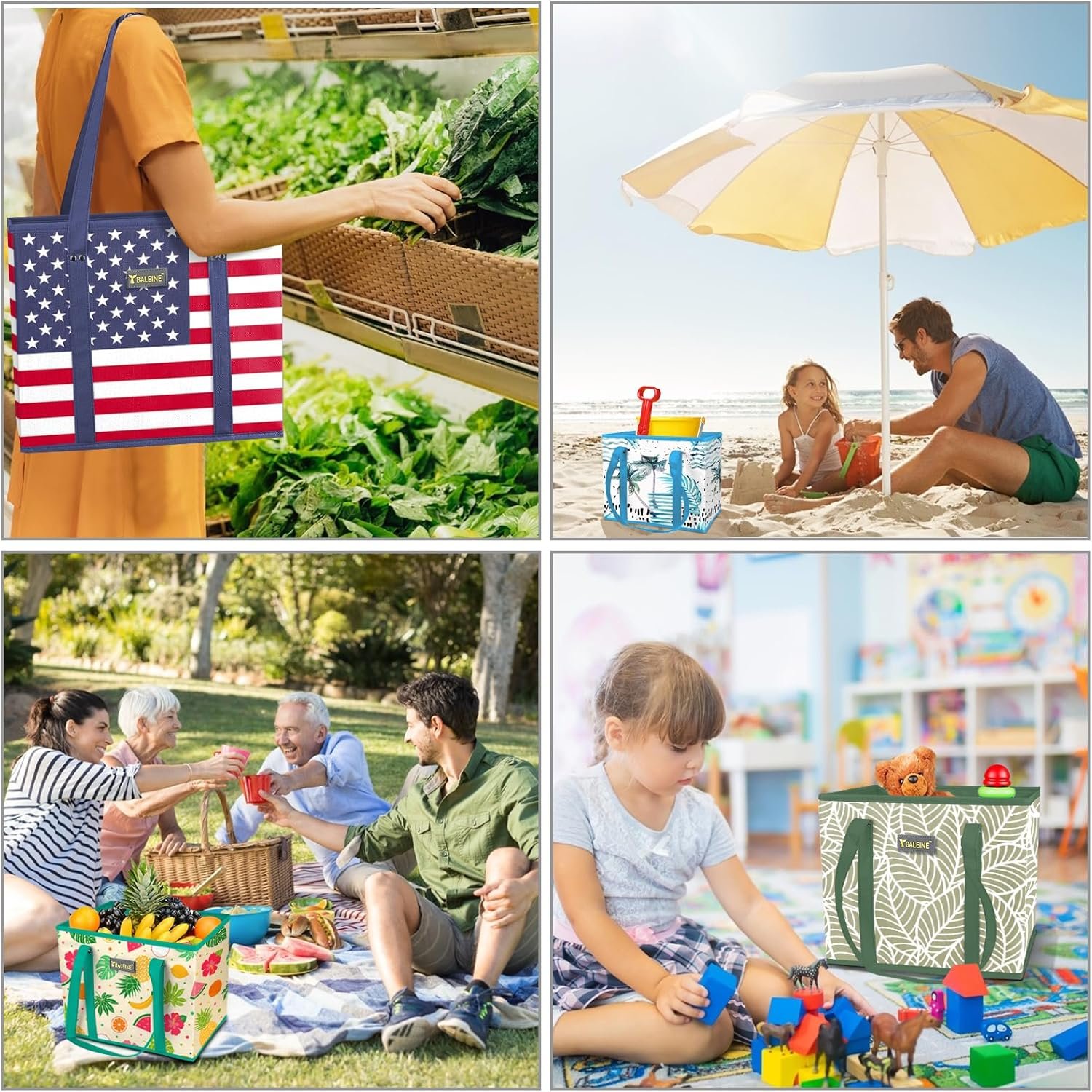 Großhandel OEM 3er-Pack wiederverwendbare faltbare Einkaufstaschen mit verstärktem Boden und Griffen vom Hersteller (Blütenzeit)