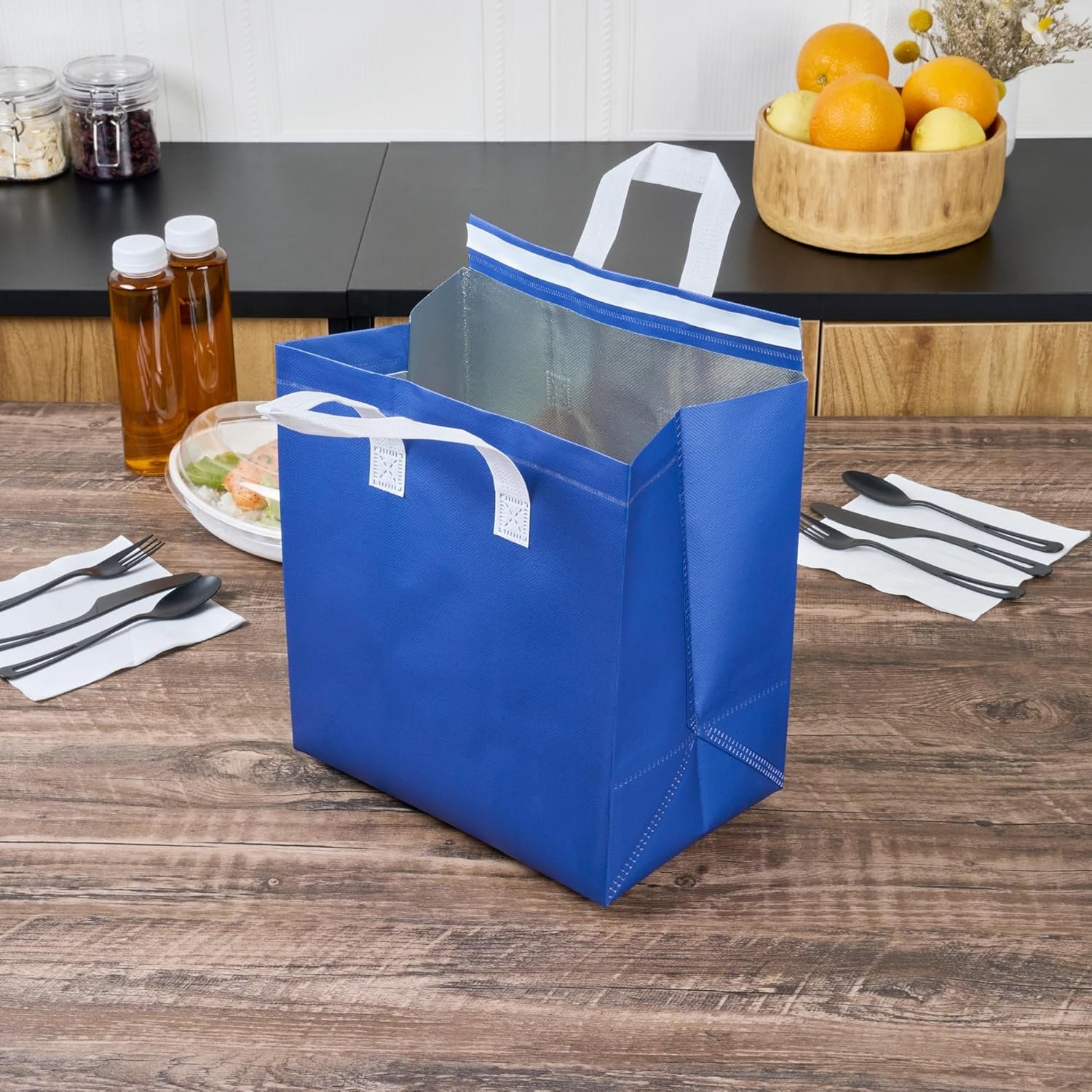 Großhandel Isolierte Liefertaschen 25 Stück 26 x 17 x 28 cm OEM Vliesstoff blau mit stabilen Griffen manipulationssicher faltbar Lieferant