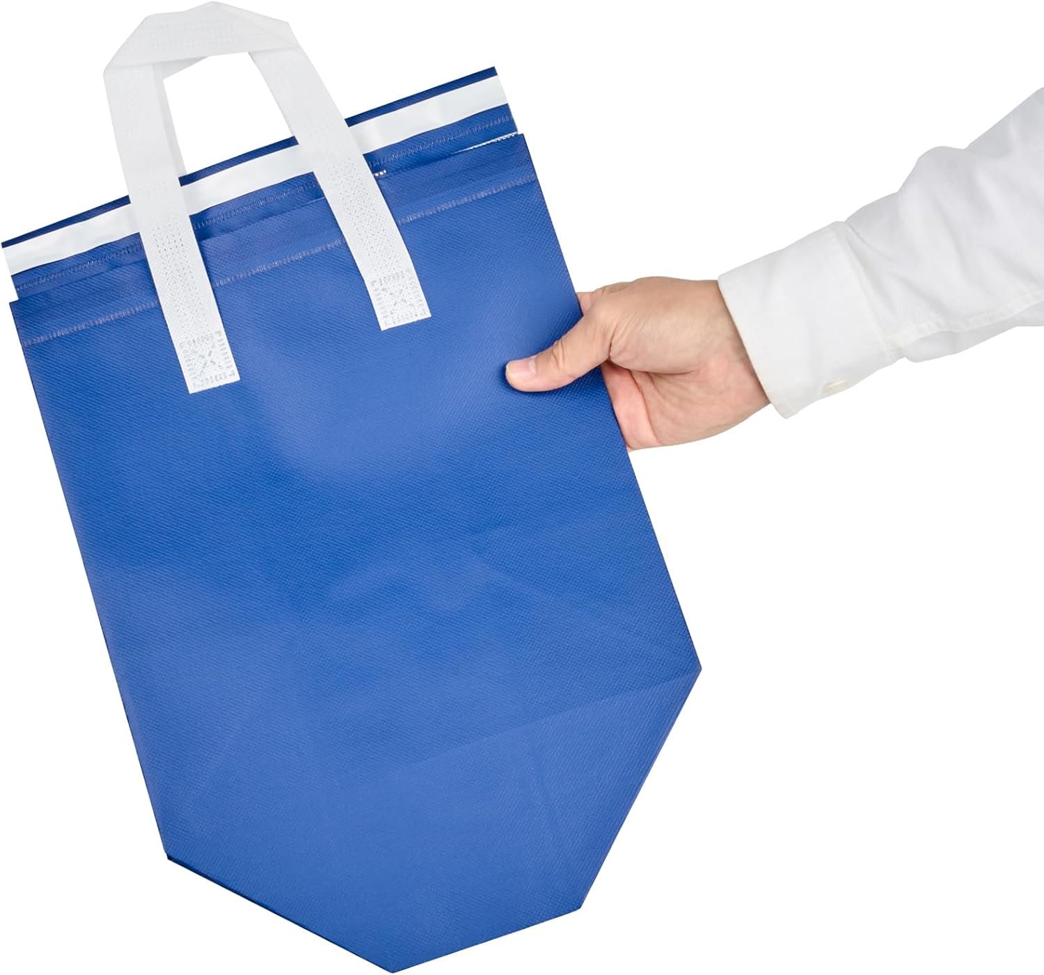 Großhandel Isolierte Liefertaschen 25 Stück 26 x 17 x 28 cm OEM Vliesstoff blau mit stabilen Griffen manipulationssicher faltbar Lieferant