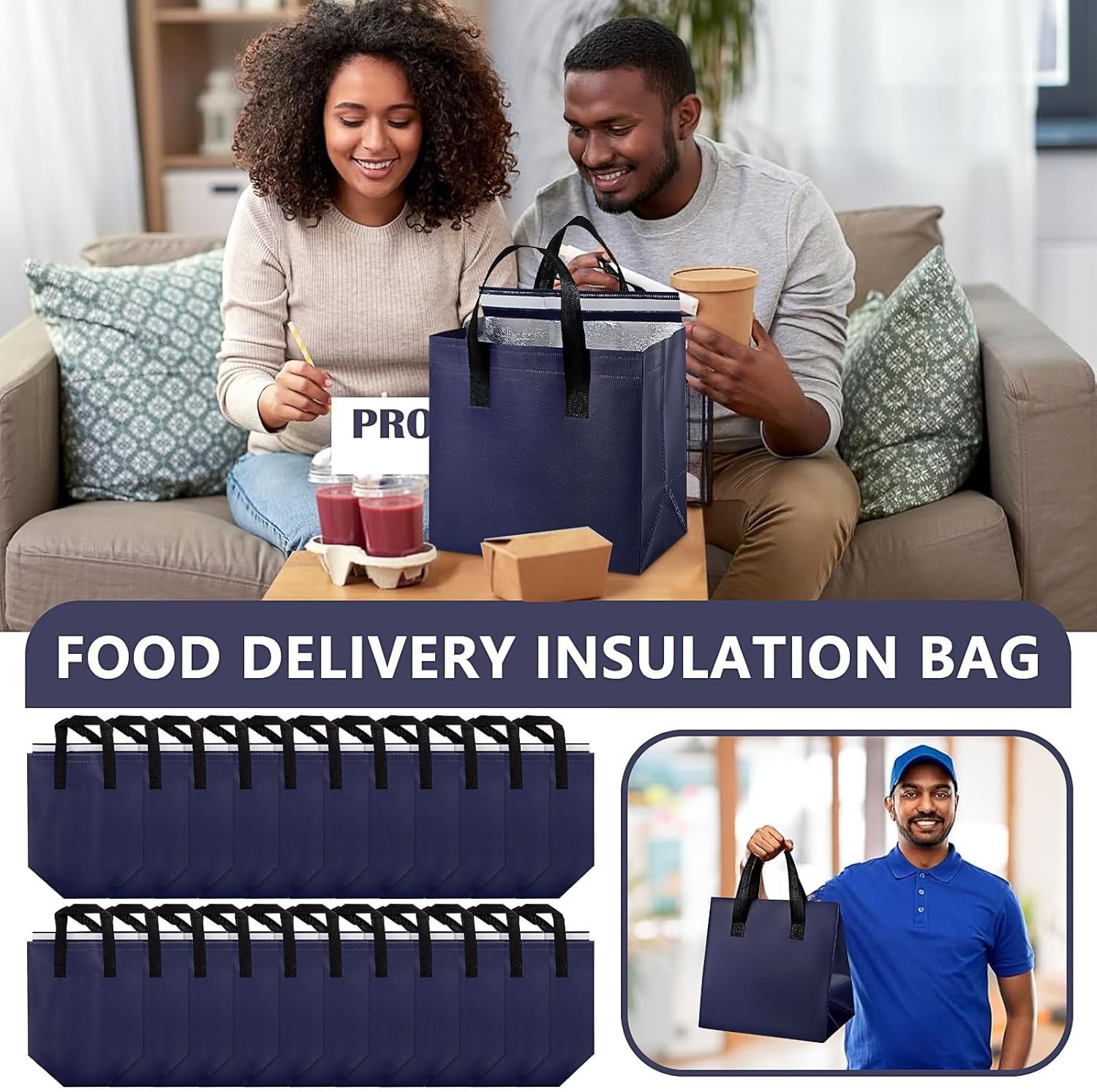 Großmenge 100 Stk. isolierte Take-Away-Taschen OEM Thermotaschen wiederverwendbare Kühl-Tragetaschen für Lebensmittellieferung kalter und heißer Speisen Restaurant Supermarkt Picknick vom Hersteller (24 x 15 x 24 cm)