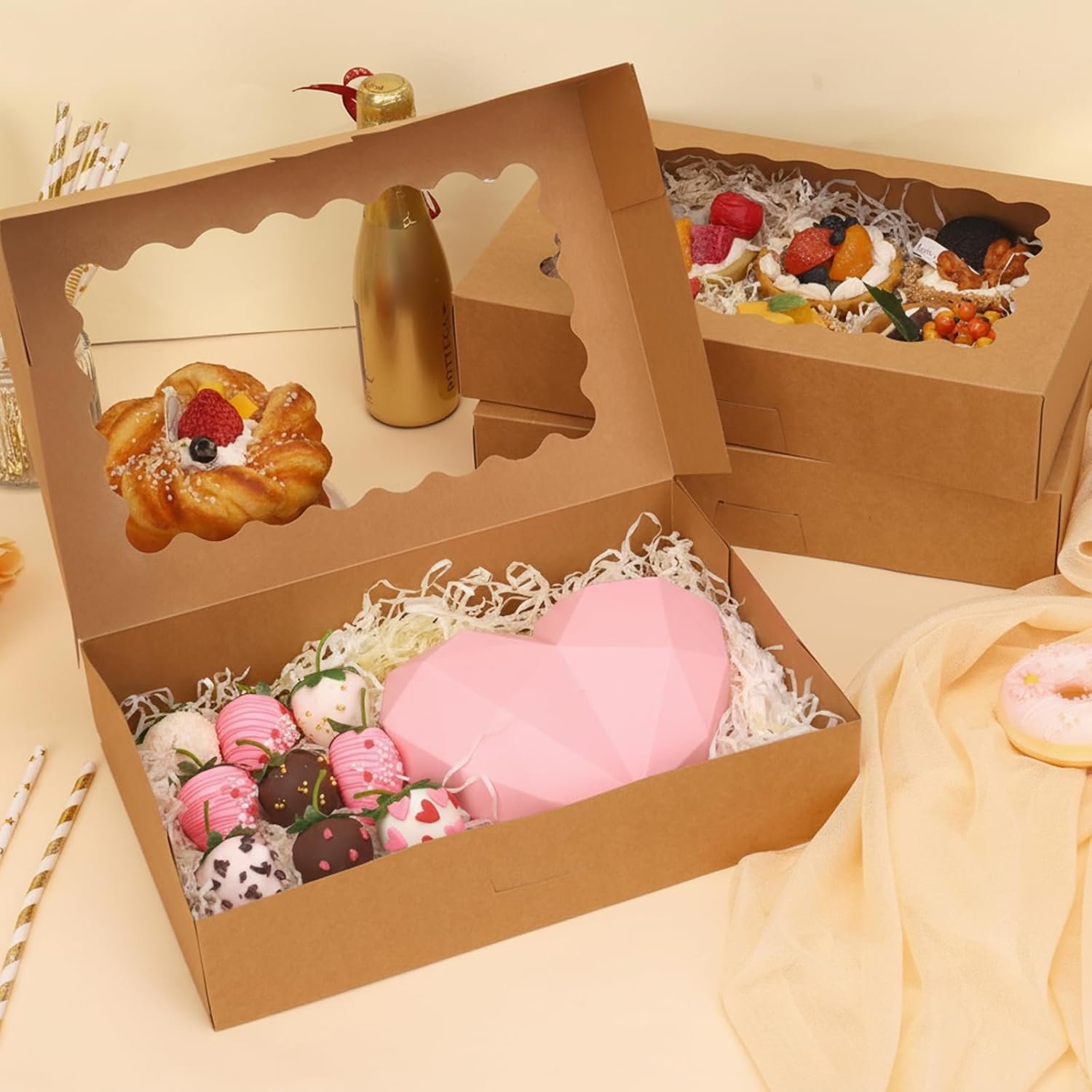 Großhandel Backereiboxen mit Fenster vom Hersteller 24 Stk 12x8x2,5 Zoll Auto-Popup für Muffins Gebäck braun OEM