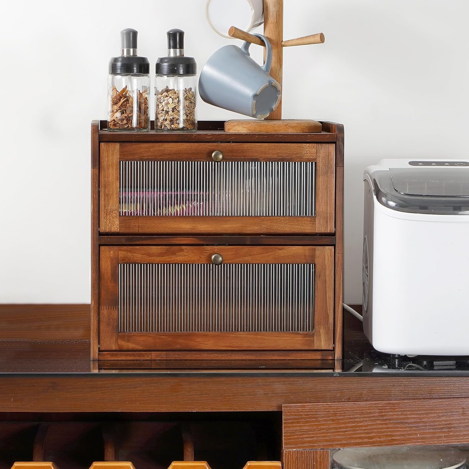 Großhandel 2-stöckiger Holzbrotkasten Küchentheke große Kapazität Vintage Landhaus Acrylfenster Braun OEM Hersteller