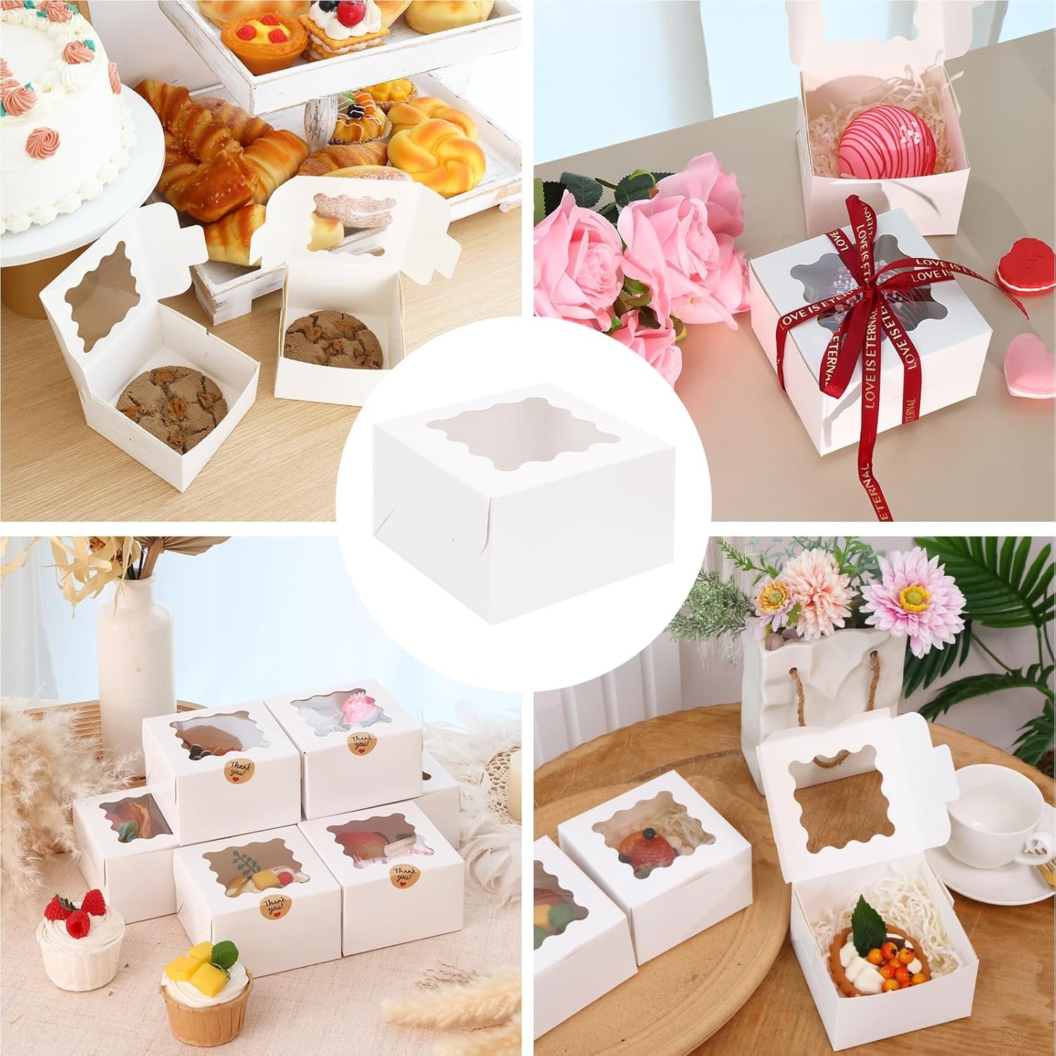 Hersteller 24er weiße Keksboxen mit Sichtfenster 4x4x2,5 Zoll und Stickern für kleine Kekse Desserts Schokoladen-Erdbeeren in Großmenge OEM