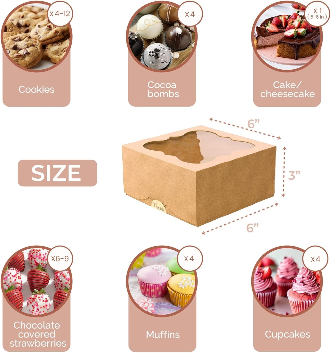 OEM Keksboxen Großhandel 20er Pack 6x6x3 Zoll mit Fenster extra dickwandig vom Lieferant zum Verschenken für Backwaren Cupcakes Desserts Erdbeeren