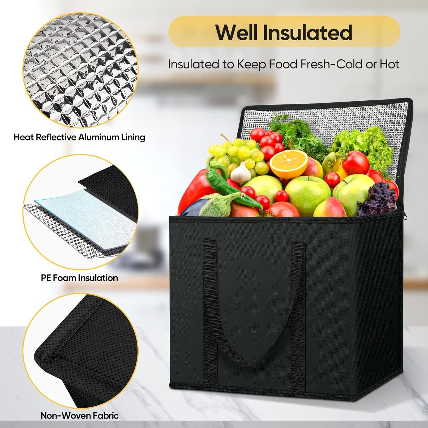 OEM 2er Pack isolierte zusammenklappbare Einkaufstaschen Kühlertasche schwerlast groß Fabrik 16''x9''x13'' Anthrazit Großmenge