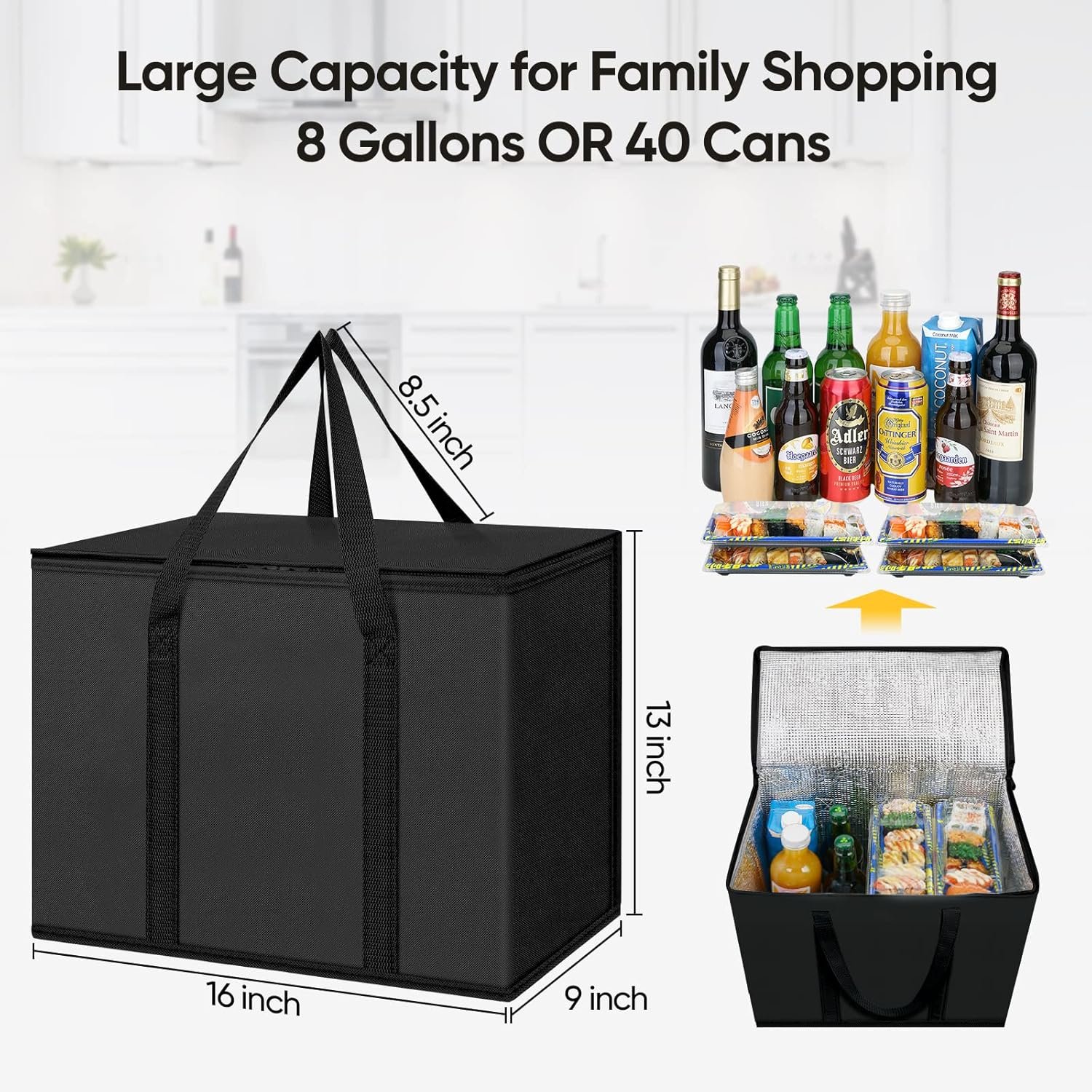 OEM 2er Pack isolierte zusammenklappbare Einkaufstaschen Kühlertasche schwerlast groß Fabrik 16''x9''x13'' Anthrazit Großmenge