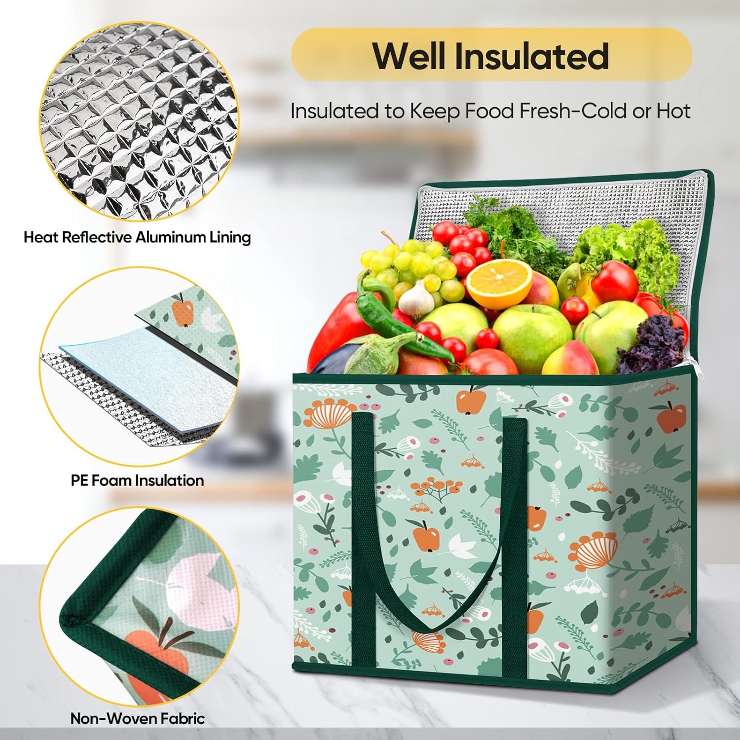 Großhandel isolierte wiederverwendbare zusammenklappbare Einkaufstaschen 2er-Pack robust groß (16''x9''x13'') Fabrik OEM
