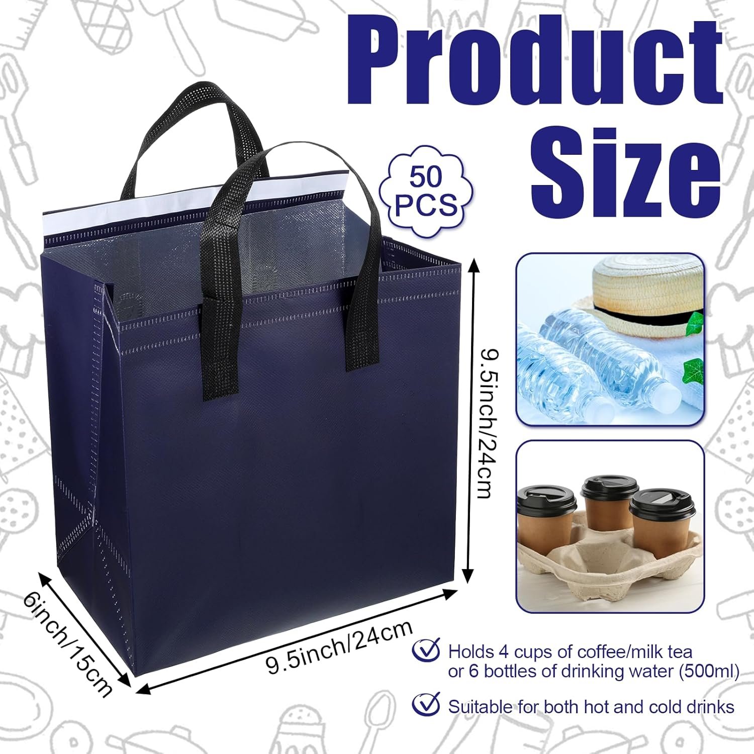 Hersteller isolierte Take-Away-Taschen Großmenge 50 Stk Einweg-Kühlbeutel für Kaffee Milchtee heiße kalte gefrorene Lebensmittel Lieferung 24 x 15 x 24 cm Tiefblau OEM