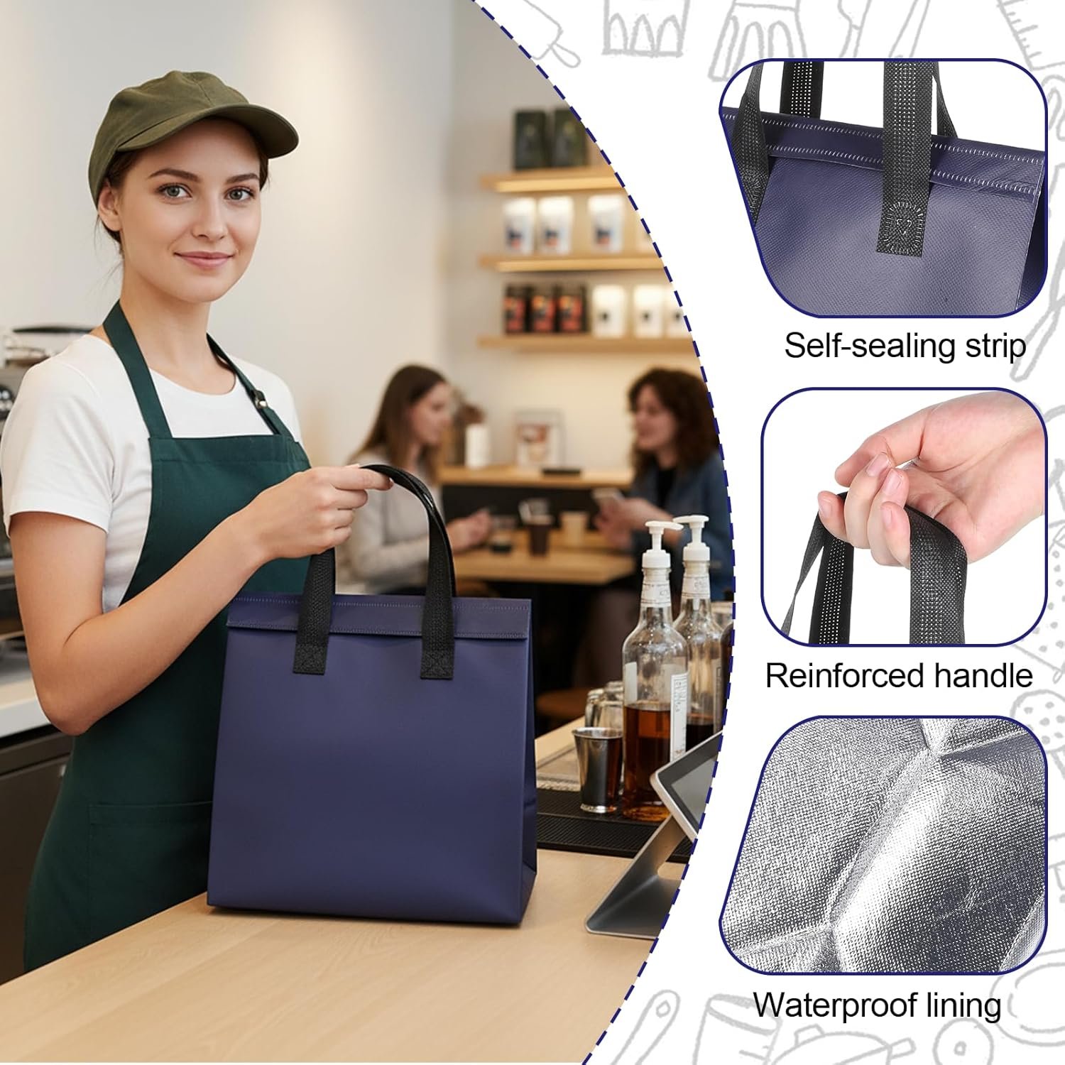 Hersteller isolierte Take-Away-Taschen Großmenge 50 Stk Einweg-Kühlbeutel für Kaffee Milchtee heiße kalte gefrorene Lebensmittel Lieferung 24 x 15 x 24 cm Tiefblau OEM