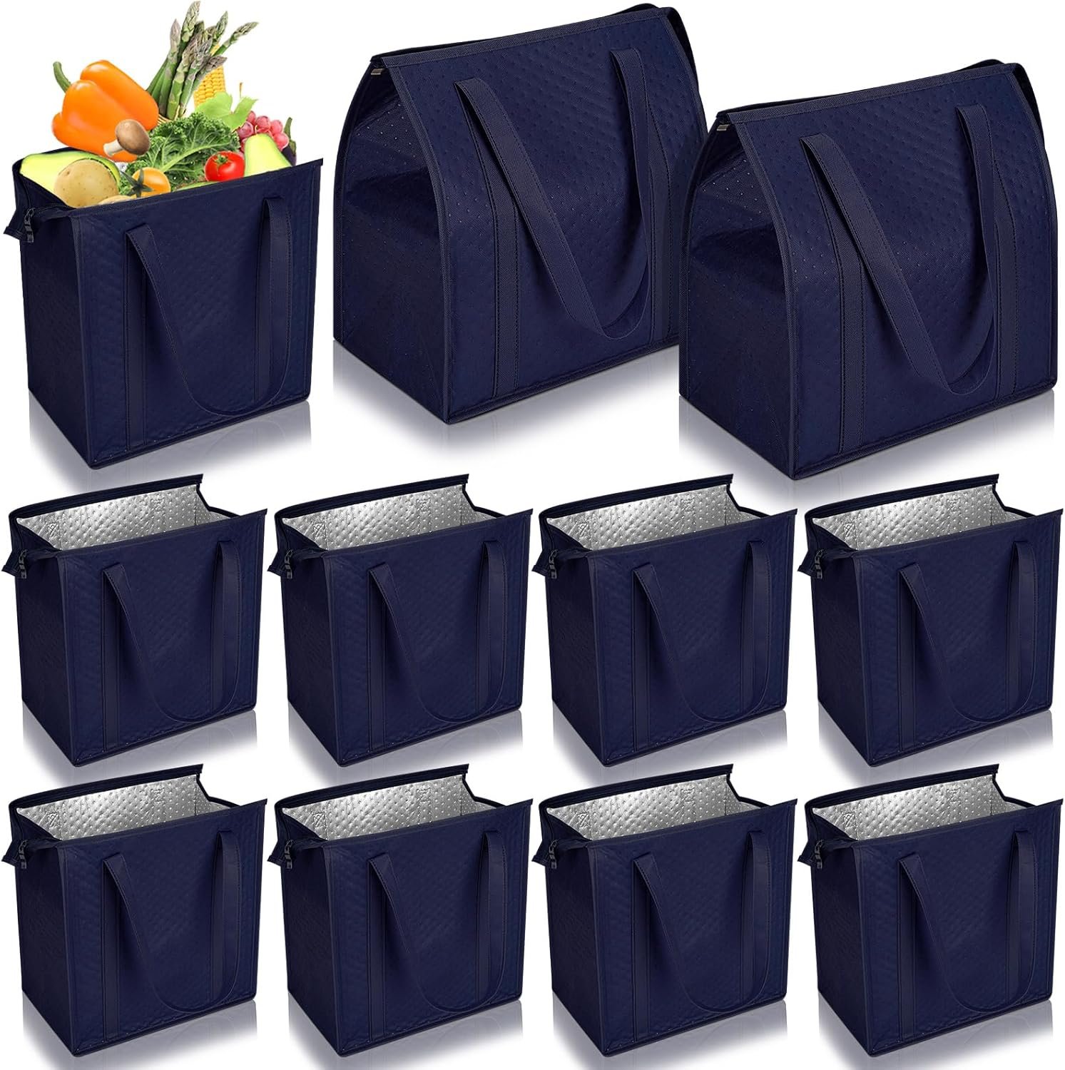 Großhandel 10er-Pack große isolierte Einkaufstaschen mit Reißverschluss Lieferant 13 x 12 x 7 Zoll thermische Kühl-Tragetaschen wiederverwendbar mit Griffen für heiße kalte Lebensmittel Lieferung Kühlschrank Marineblau OEM